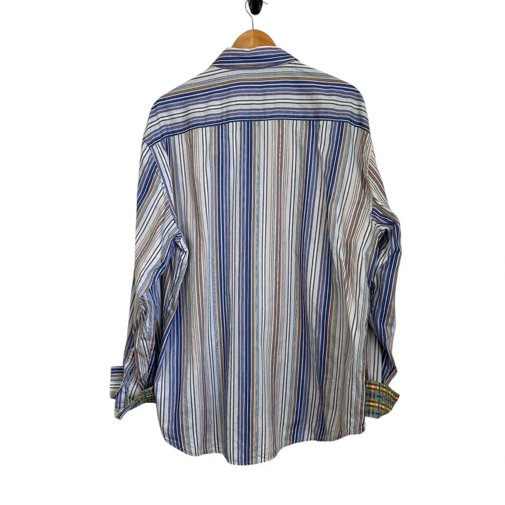 Robert Graham Mens Striped Button Up Shirt Sz 2XL Multicolor Contrast Cuffs